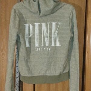Victoria's Secret PINK Full Zip Hoodie Green S Dog Logo Long Sleeve